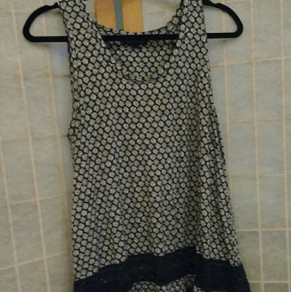 Navy blue and white blouse with lace trimming